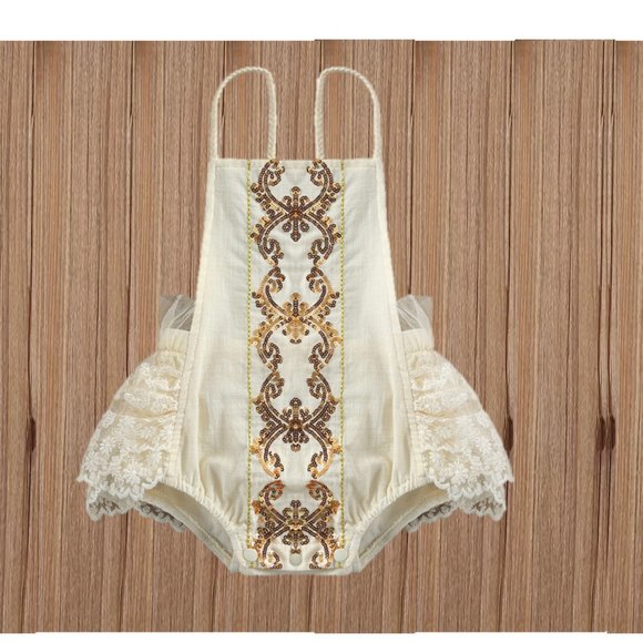 Boho Gold Romper Lace Fall Thanksgiving Girl Outfit Clothes Christmas New Year - Picture 3 of 9